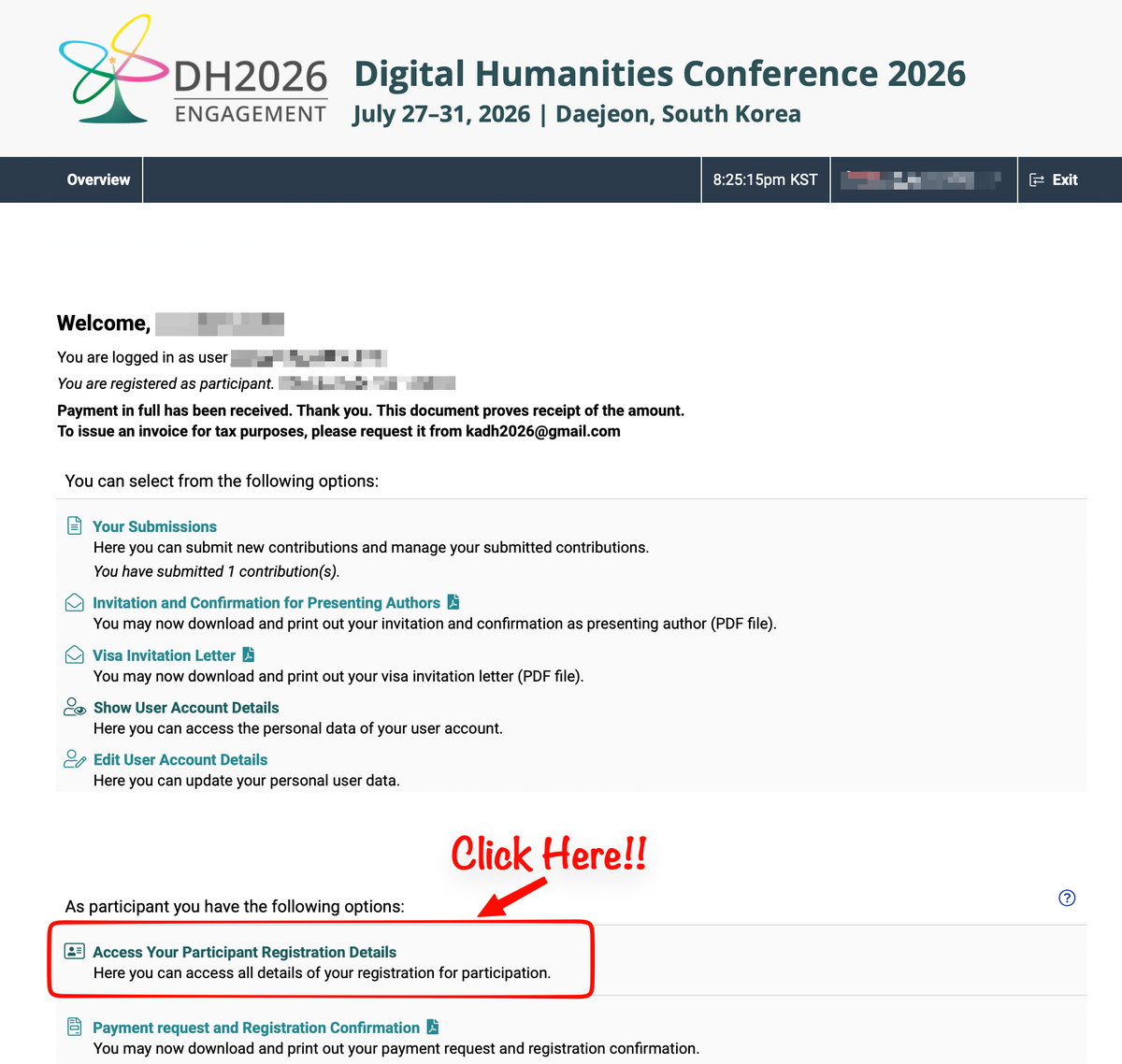 ConfTool overview page: click 'Access Your Participant Registration Details'
