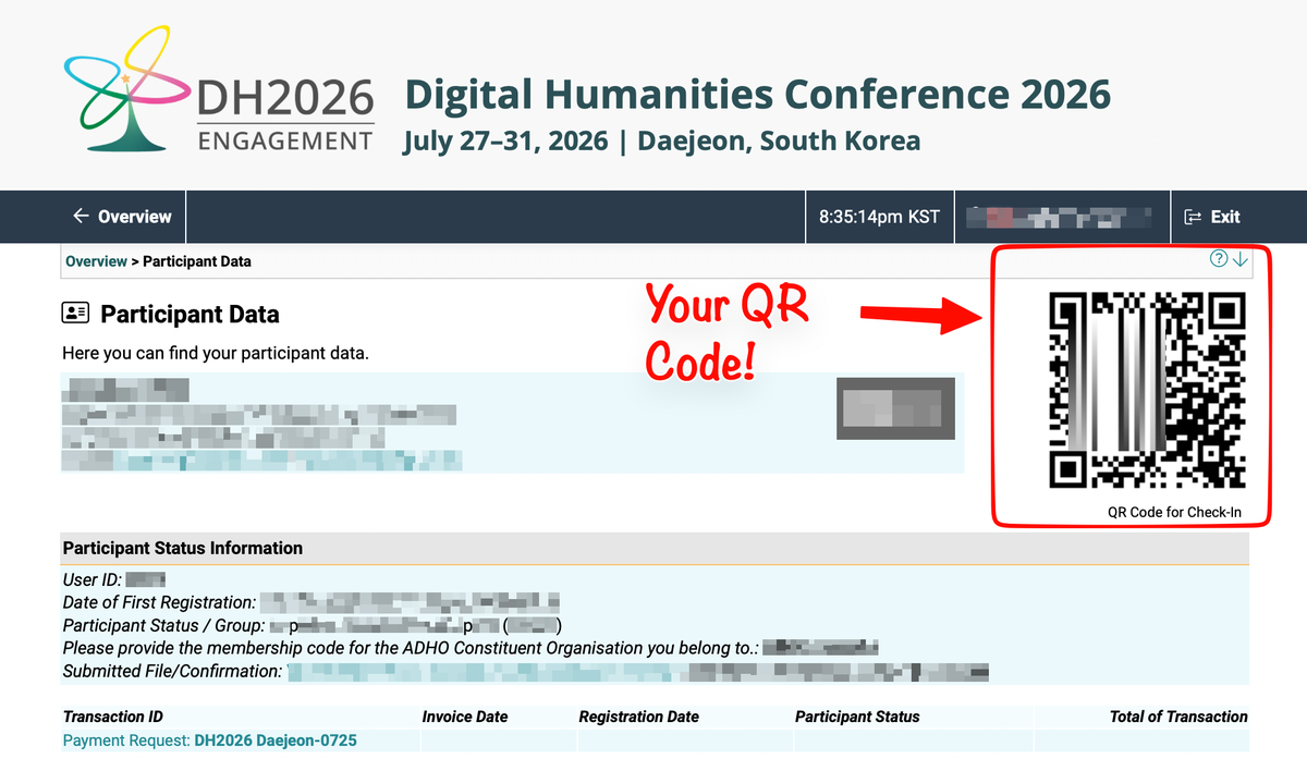 ConfTool participant registration details page showing the QR code